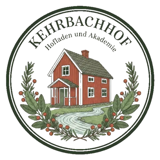 Logo Kehrbachhof Akademie zeigt ein rotes schwedisches Haus und einen Bach mit Zweigen